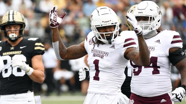 Oct 23, 2021; Nashville, Tennessee, USA; Mississippi State Bulldogs cornerback Martin Emerson (1) after a defensive stop during the first half against the Vanderbilt Commodores at Vanderbilt Stadium. Mandatory Credit: Christopher Hanewinckel-USA TODAY Sports